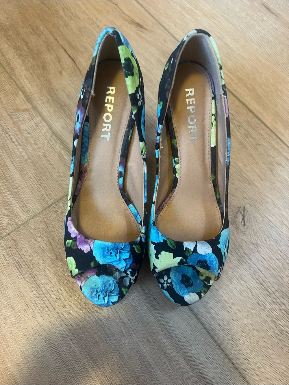 Report Black Floral Peep-Toe Heels with Blue & Green Accents